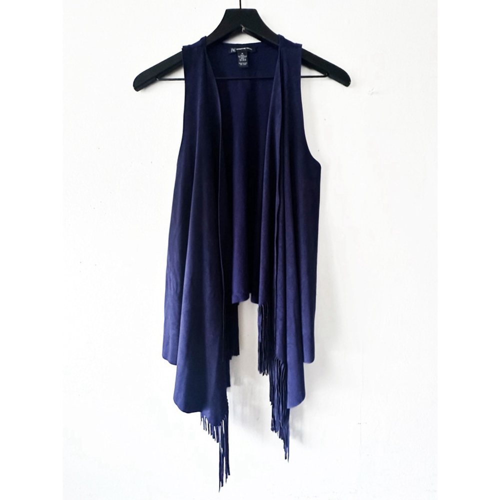 INC International Concepts Navy Blue Fringe Open Front Vest Size M Suede-Like